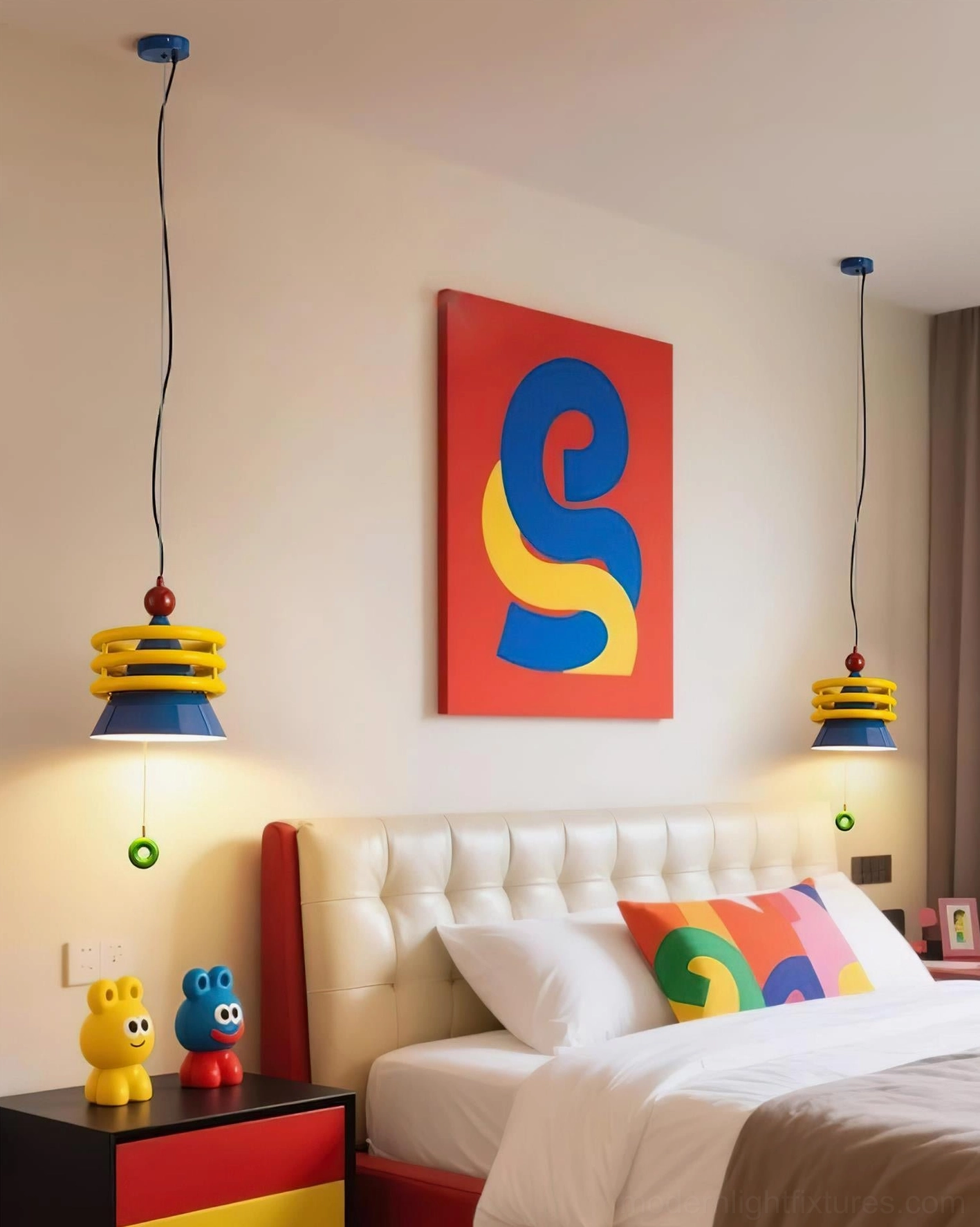 Matching pair of Kinetica colorful pendant lamps hanging above tufted headboard in master bedroom - retro modern lighting design