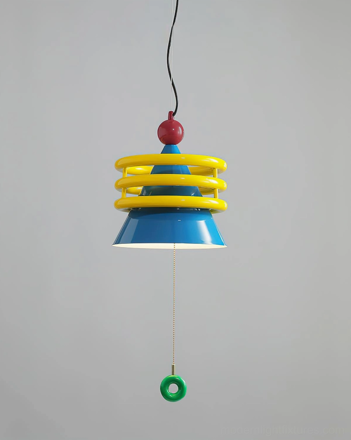 Kinetica modern pendant lamp close-up of yellow tiered rings and glossy blue cone shade - sculptural lighting design