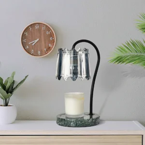 Kingsley candle warmer table lamp displayed on bedroom nightstand with white unscented candle, interior home setting