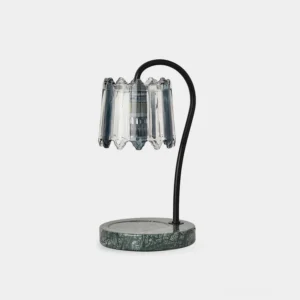 Kingsley crystal glass candle warmer lamp with dark green marble base and sleek black metal frame, front studio view