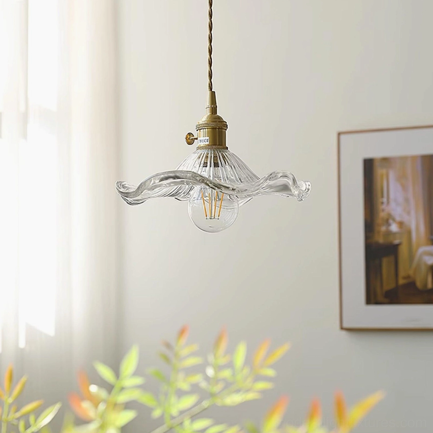 Kinney ribbed glass pendant lamp architectural detail showing flower-shaped brass socket