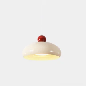 Kinvara red and white saucer pendant light front view studio shot with creamy minimalist dome shade and red top accent