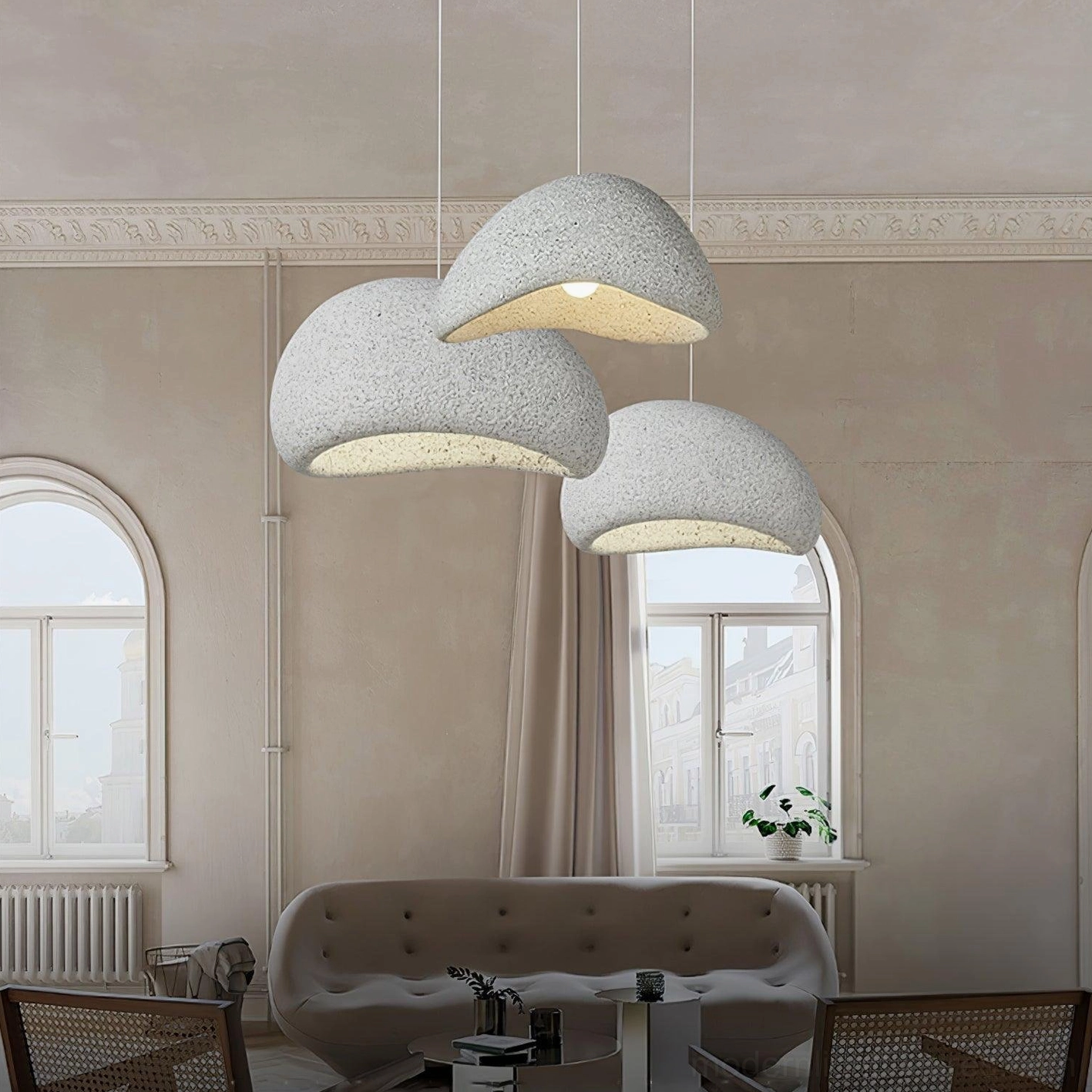 Kioto dark grey speckled pendant lamp dramatic lighting in interior environment