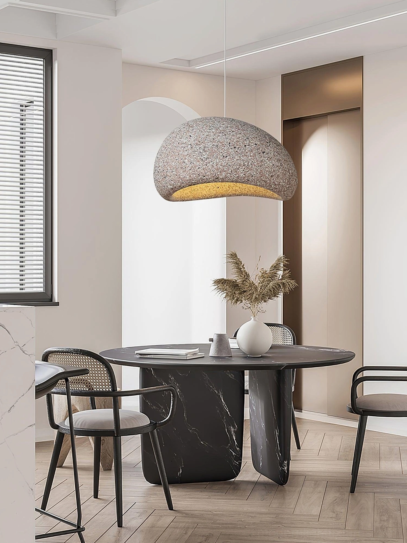 Kioto speckled pendant light fixtures in contemporary home interior design arrangement
