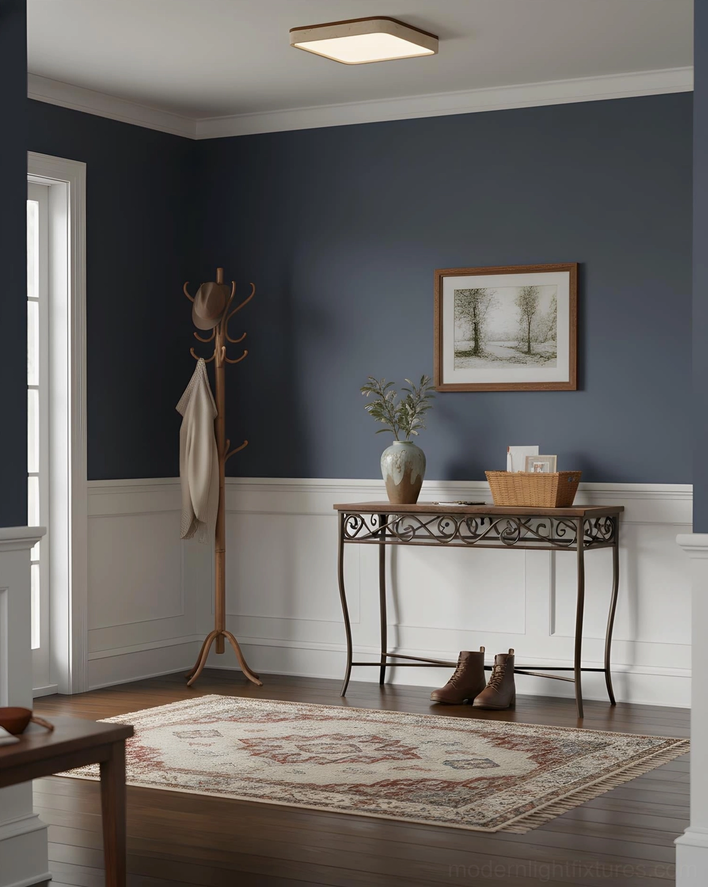 Modern travertine square ceiling lamp in traditional entryway living space - blue accent wall