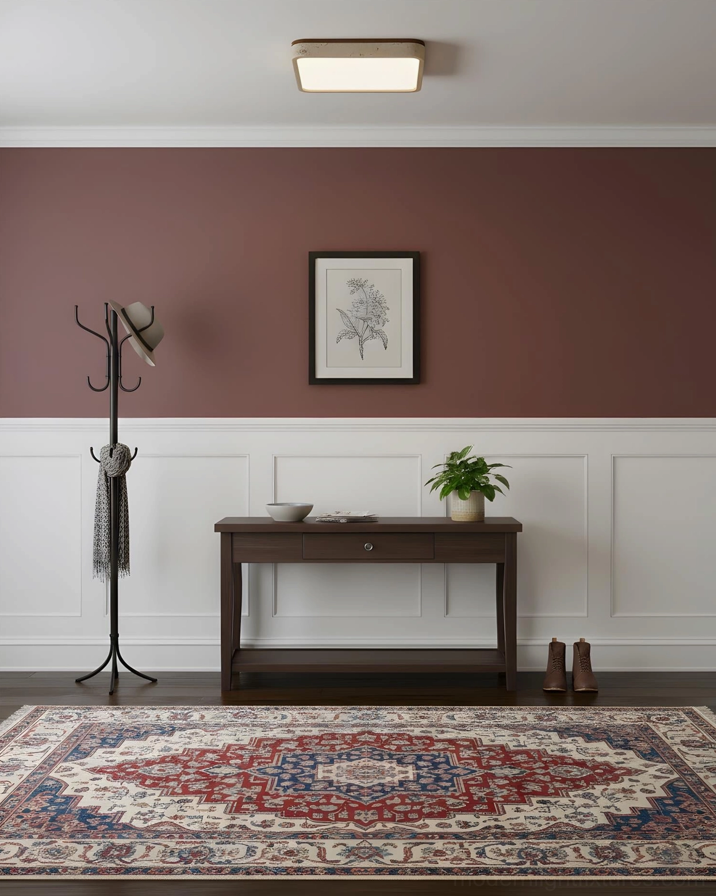 Modern LED travertine ceiling light - minimalist entryway burgundy accent wall interior design
