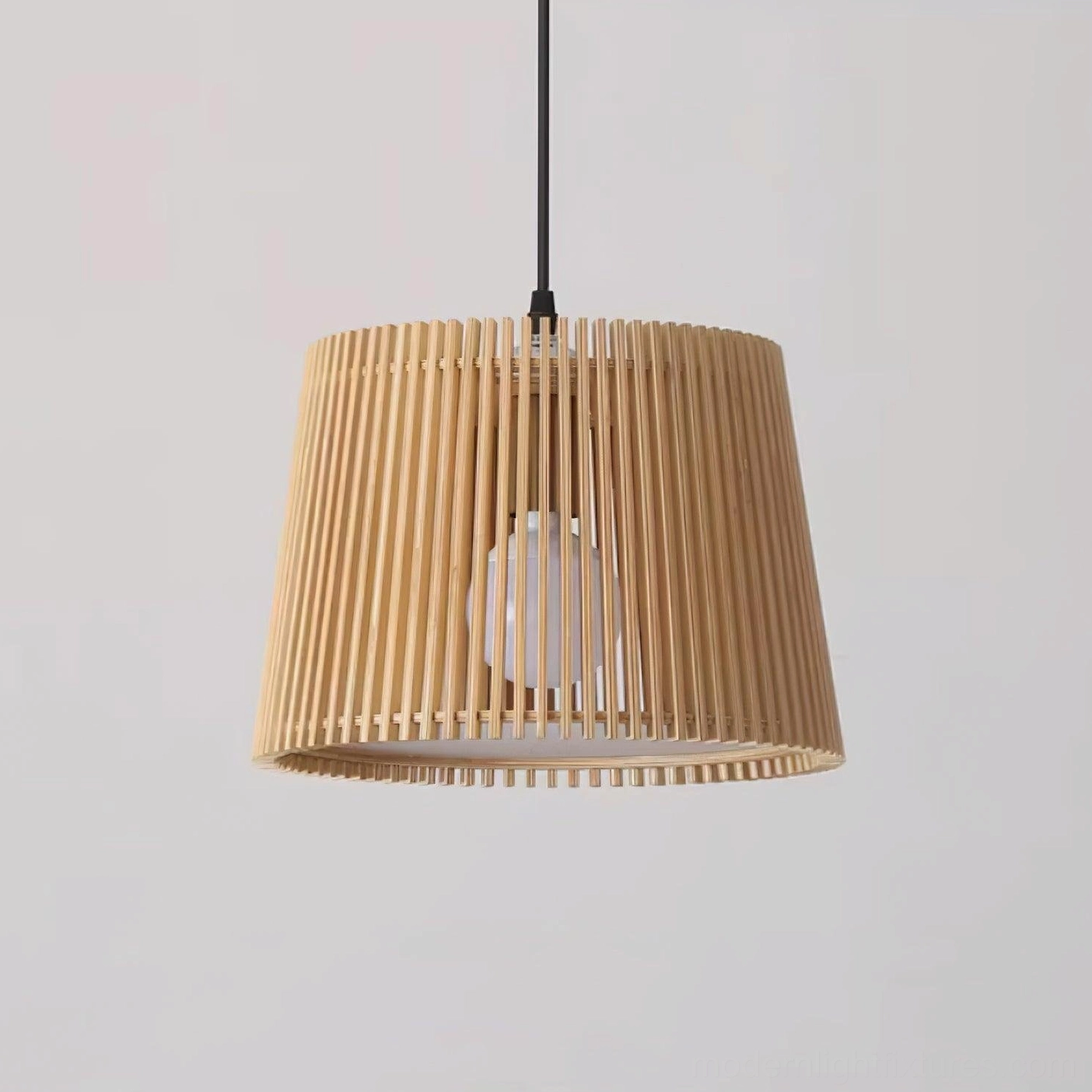 Kitami wood slat pendant light mounted on ceiling with decorative warm illumination
