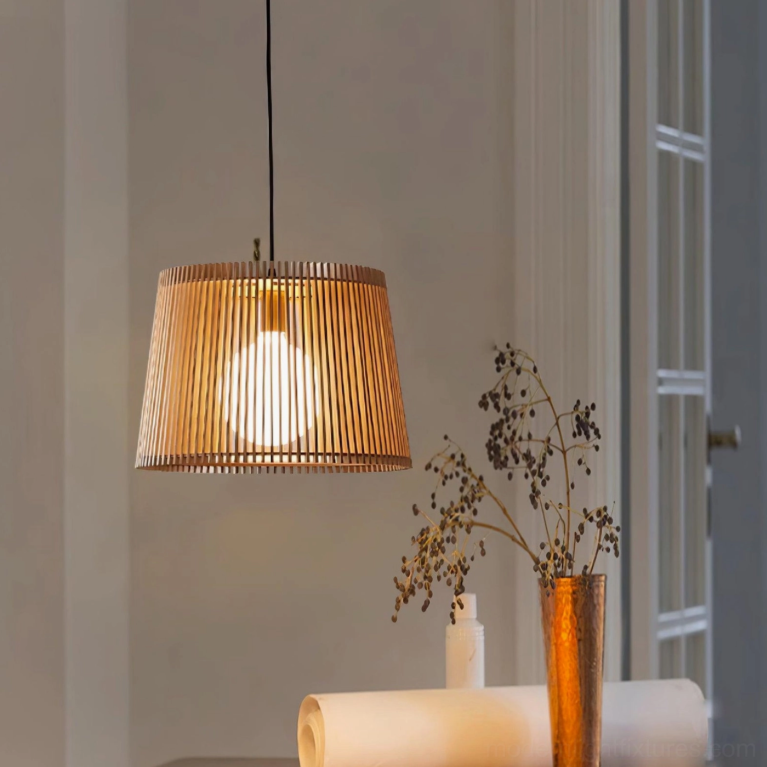Kitami wood slat pendant light creating layered lighting effect in contemporary home interior