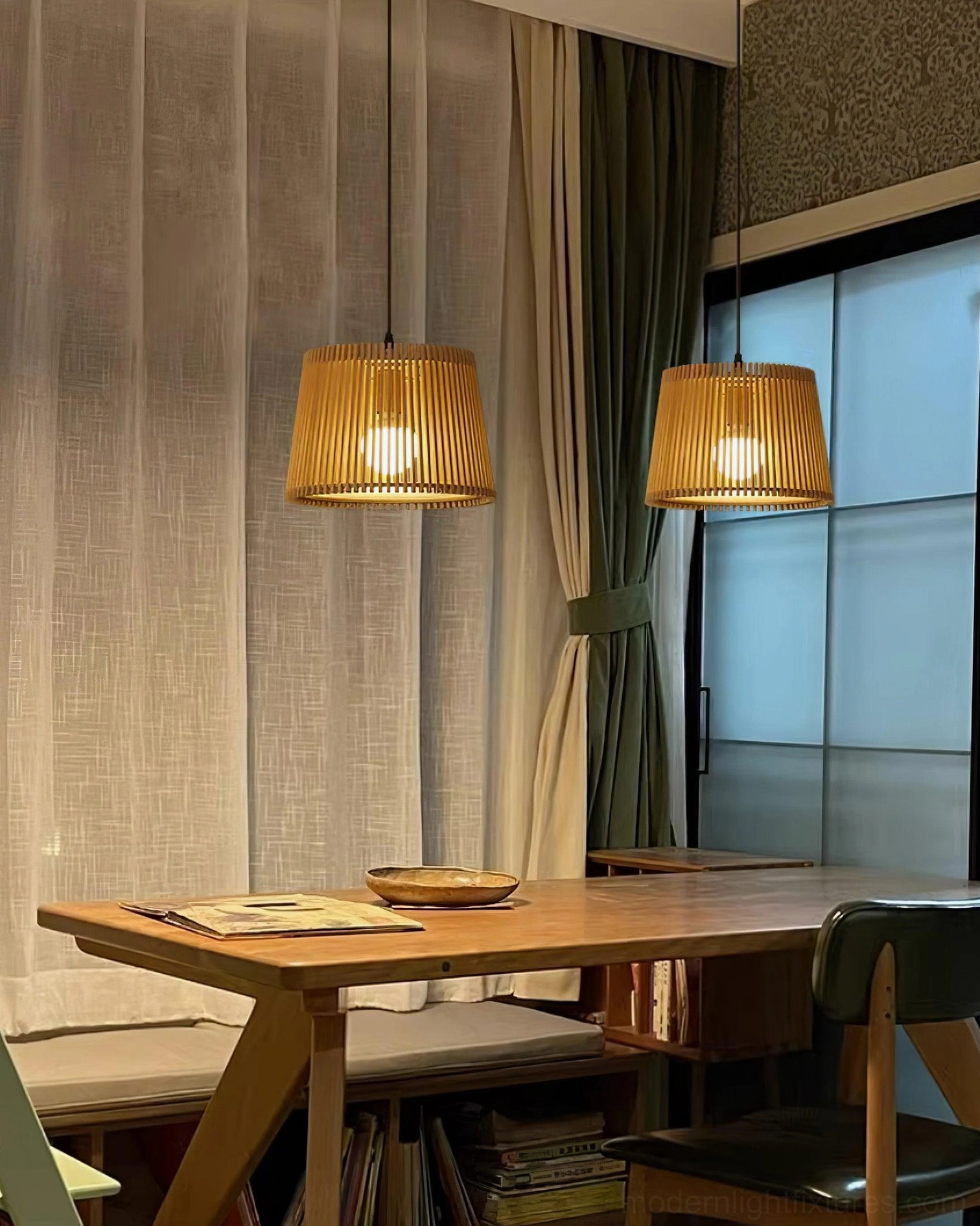 Kitami minimalist wooden pendant lamp creating ambient lighting in modern living space