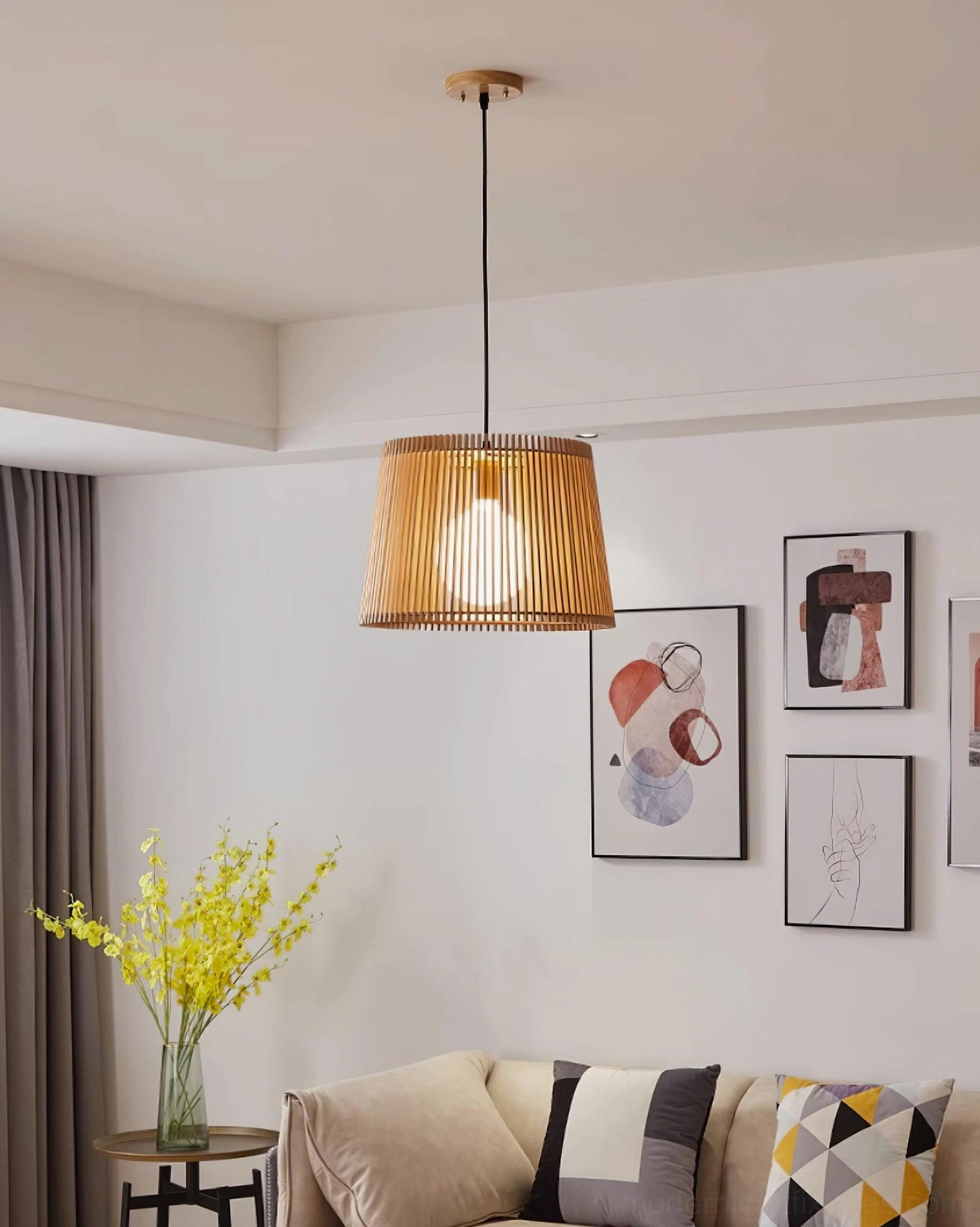 Kitami wood slatted pendant light in Scandinavian interior design setting with natural materials