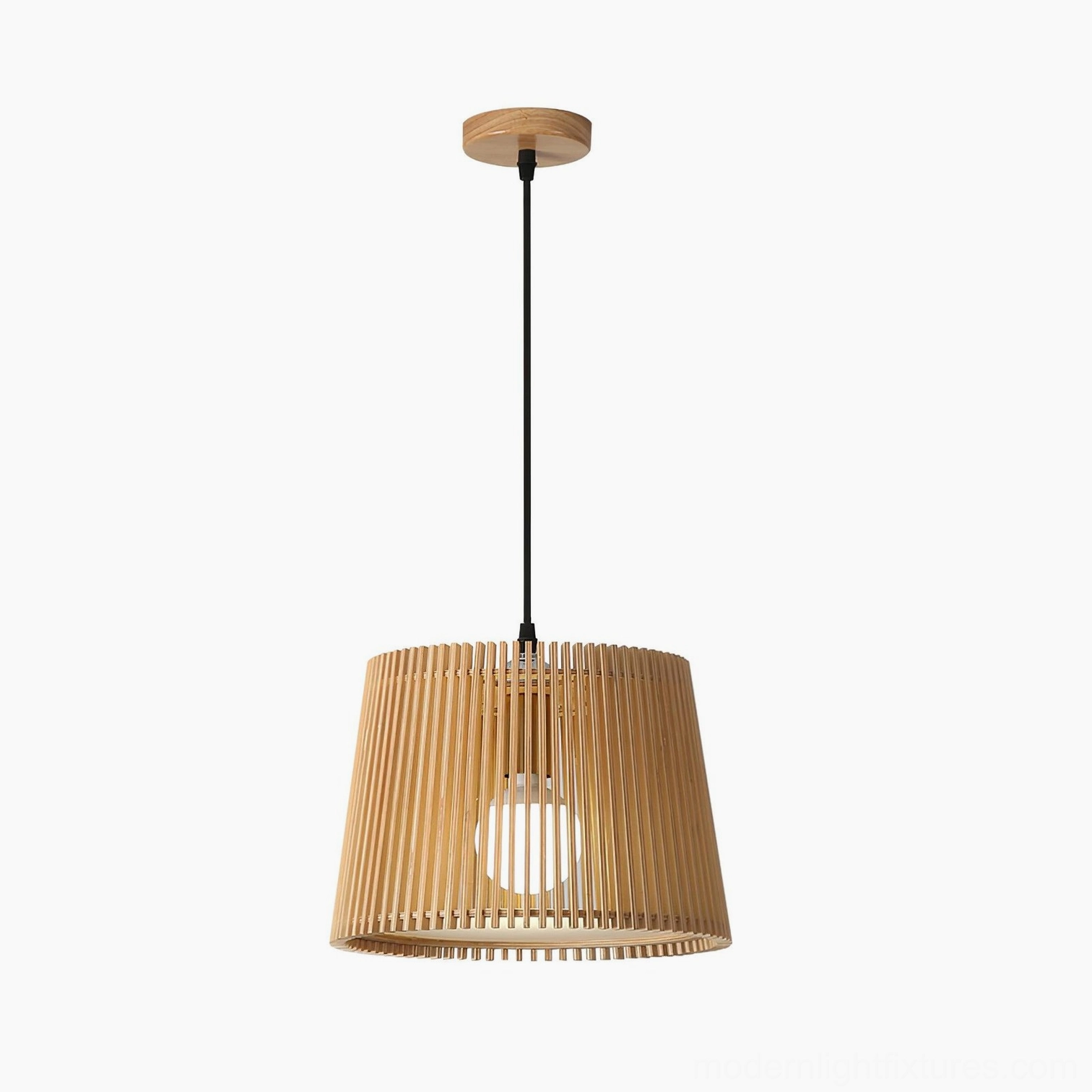 Single Kitami wooden pendant light with exposed bulb and ceiling mount on neutral background