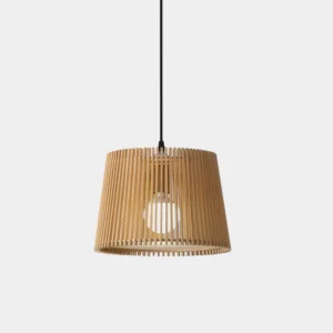 Kitami wood slat pendant light with tapered cylindrical wooden shade displayed on white background
