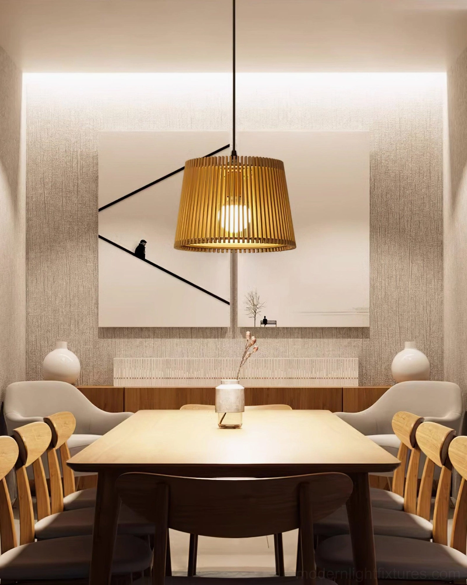 Kitami pendant light illuminating modern large dining area with minimalist Japanese aesthetic