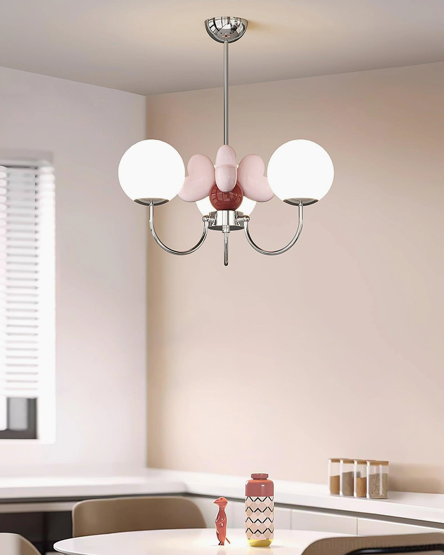 Pink petal chandelier in contemporary kitchen dining area with counter accessories - kitchen island pendant light
