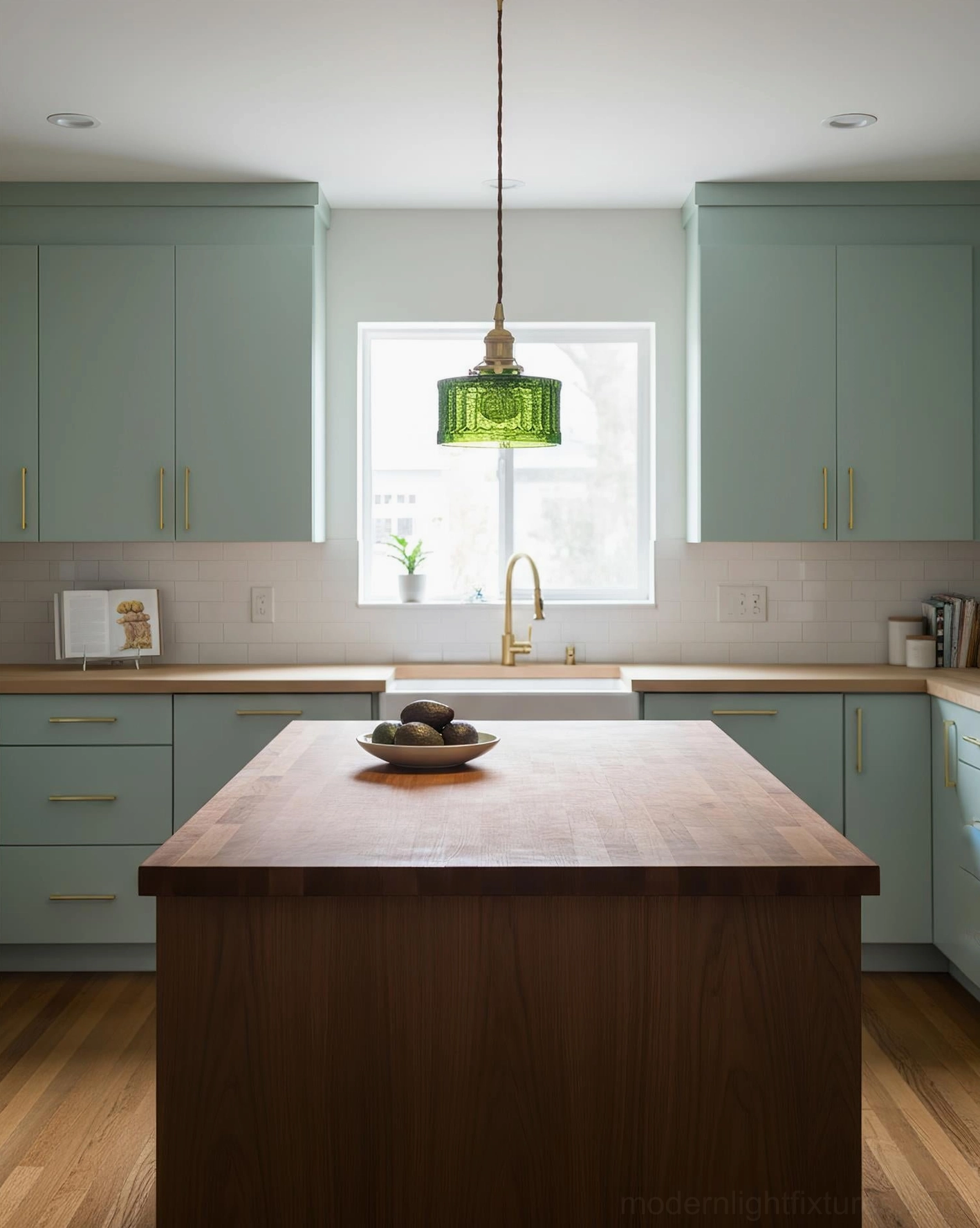 Green glass pendant light mounted above wooden kitchen island in retro style kitchen - task lighting