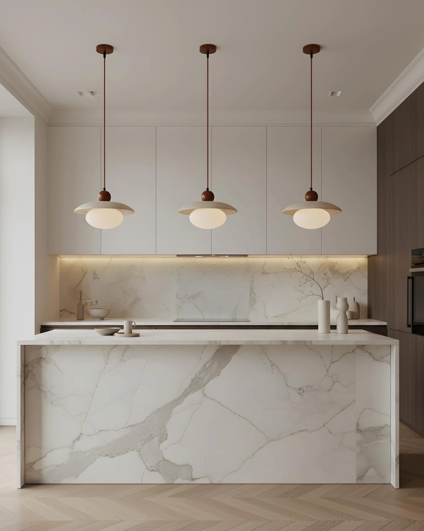 Triple Solven pendant lamps over marble kitchen island with contemporary design