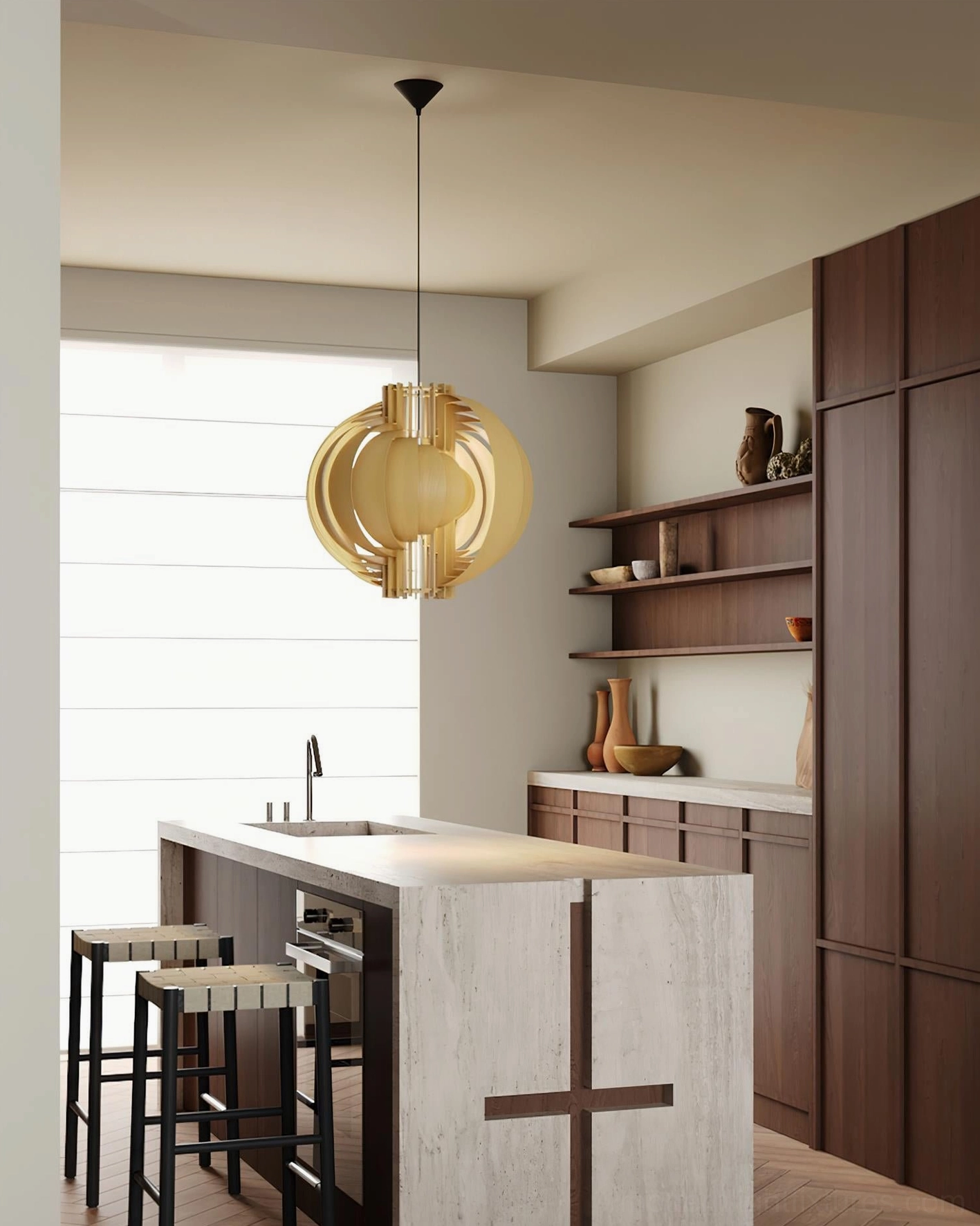 Natural wood-finish pendant light hanging above kitchen island with beige spherical design matching modern cabinetry