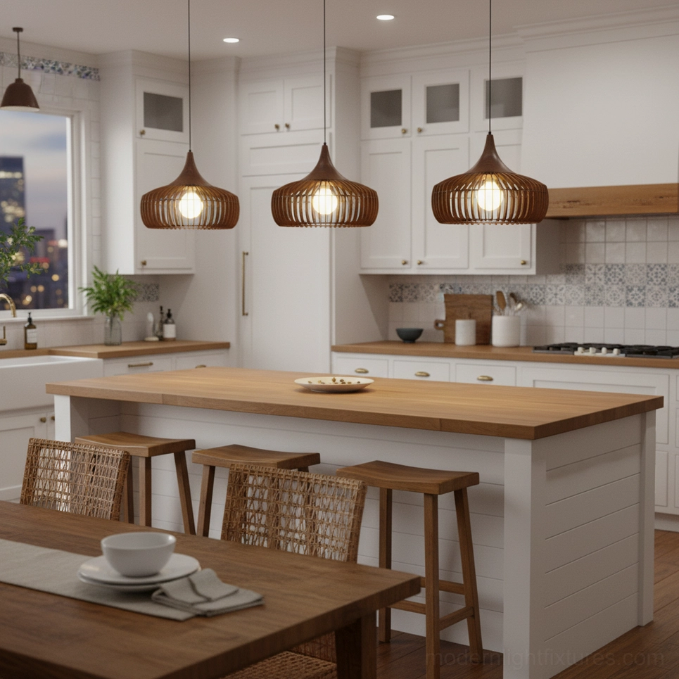 Wood slat pendant lamps installed in modern kitchen, mounted over island with dark wood finish