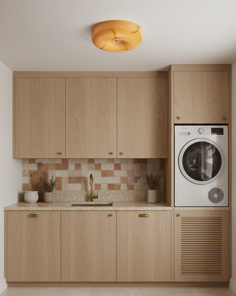 Amber flush mount ceiling light in compact kitchen laundry station with checkered backsplash