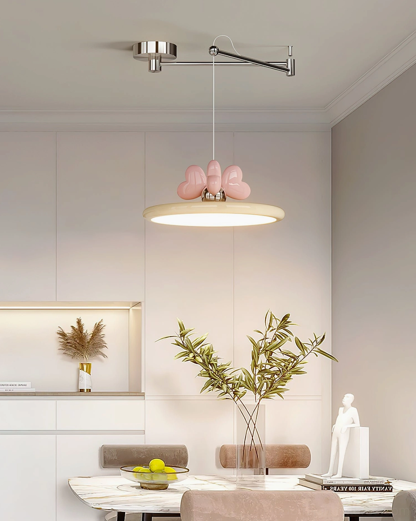 Kitchen dining area pendant lamp with pink heart bow ornament and beige acrylic shade - clean minimalist design