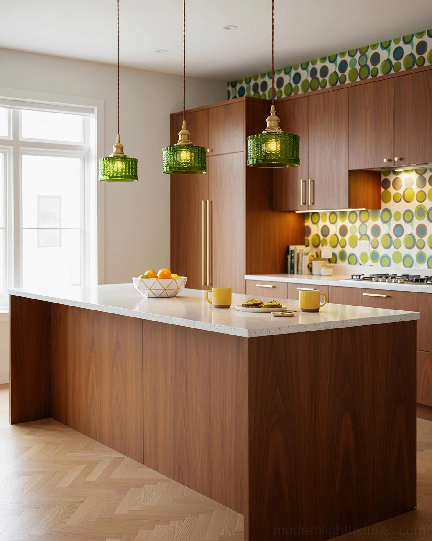 Trio of vintage green glass pendant lights over mid-century modern kitchen island with patterned tile