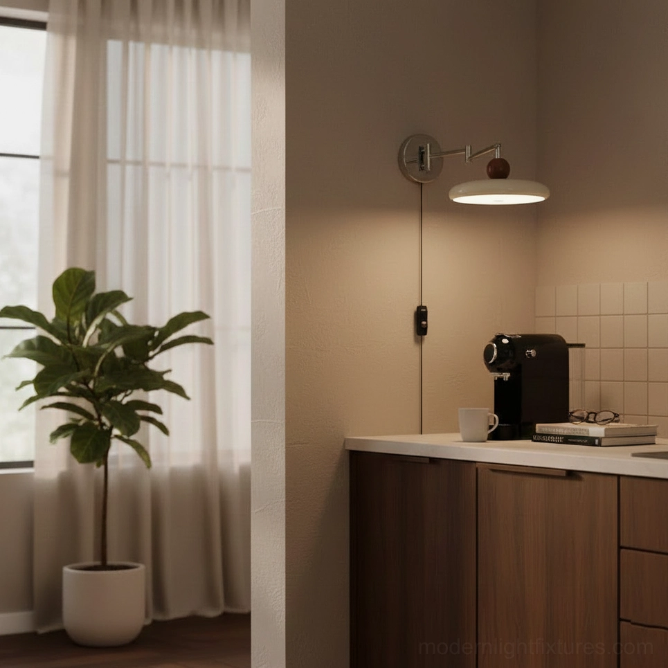 Kitchen workspace wall lamp with white disc shade and chrome hardware providing warm ambient task lighting