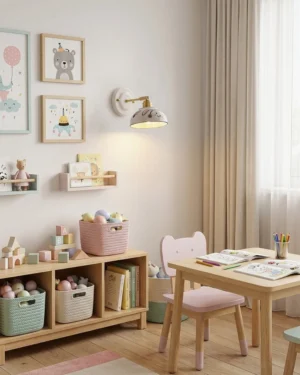 Kitora ceramic wall sconce installed in modern nursery room, playful kids' bedroom lighting, rabbit print shade