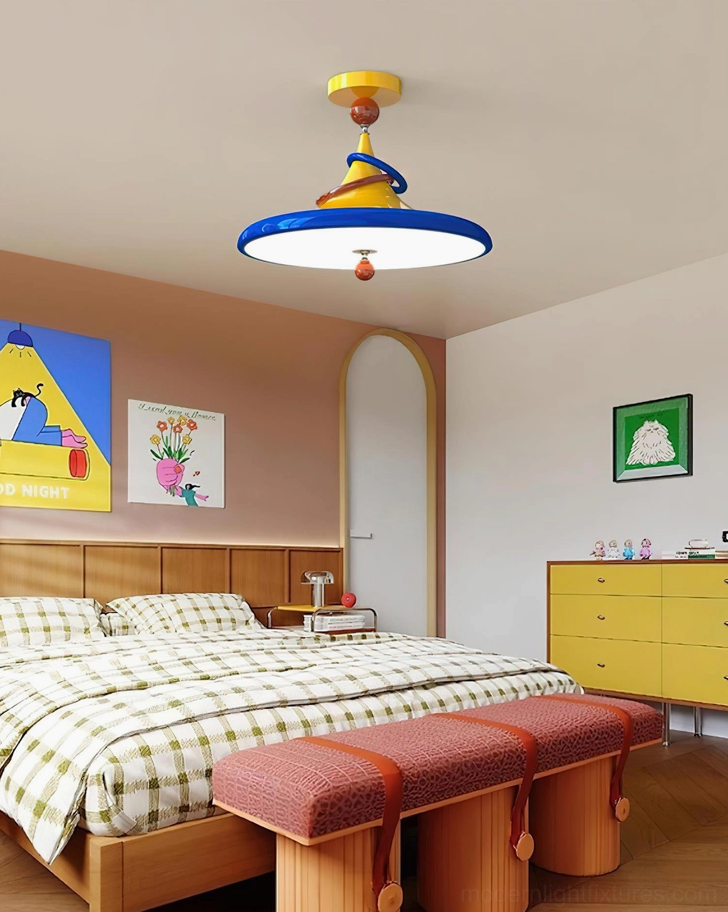 Kivra playful disc ceiling lamp installed in warm bedroom - wide room perspective with checkered bedding
