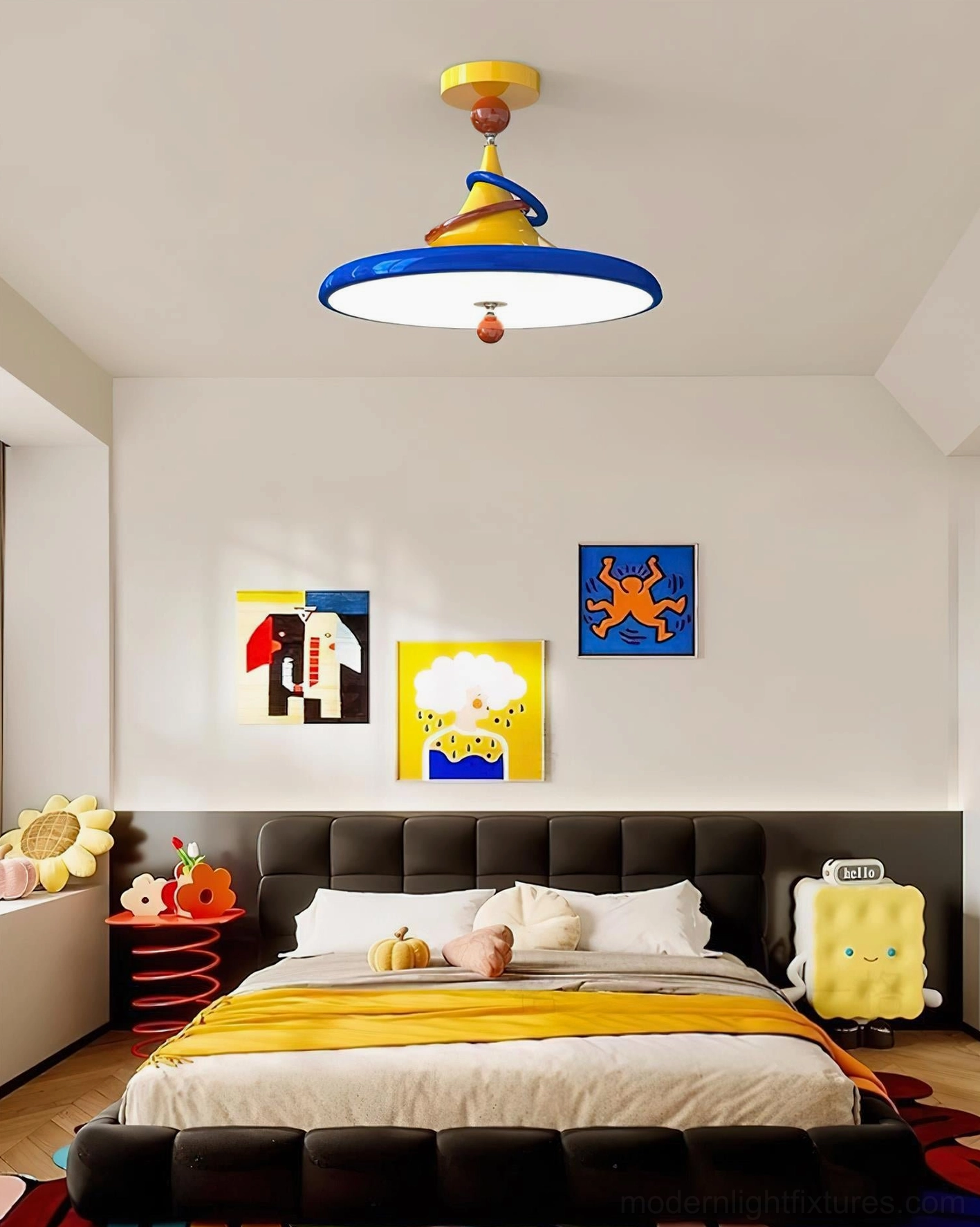 Colorful Kivra disc ceiling pendant in modern master bedroom with dark headboard and pop art wall