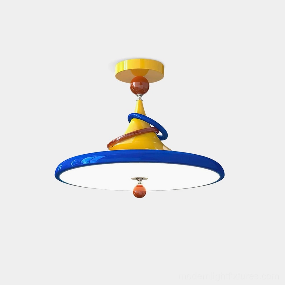 Kivra retro geometric ceiling light fixture with colorful orbiting rings - front view studio shot