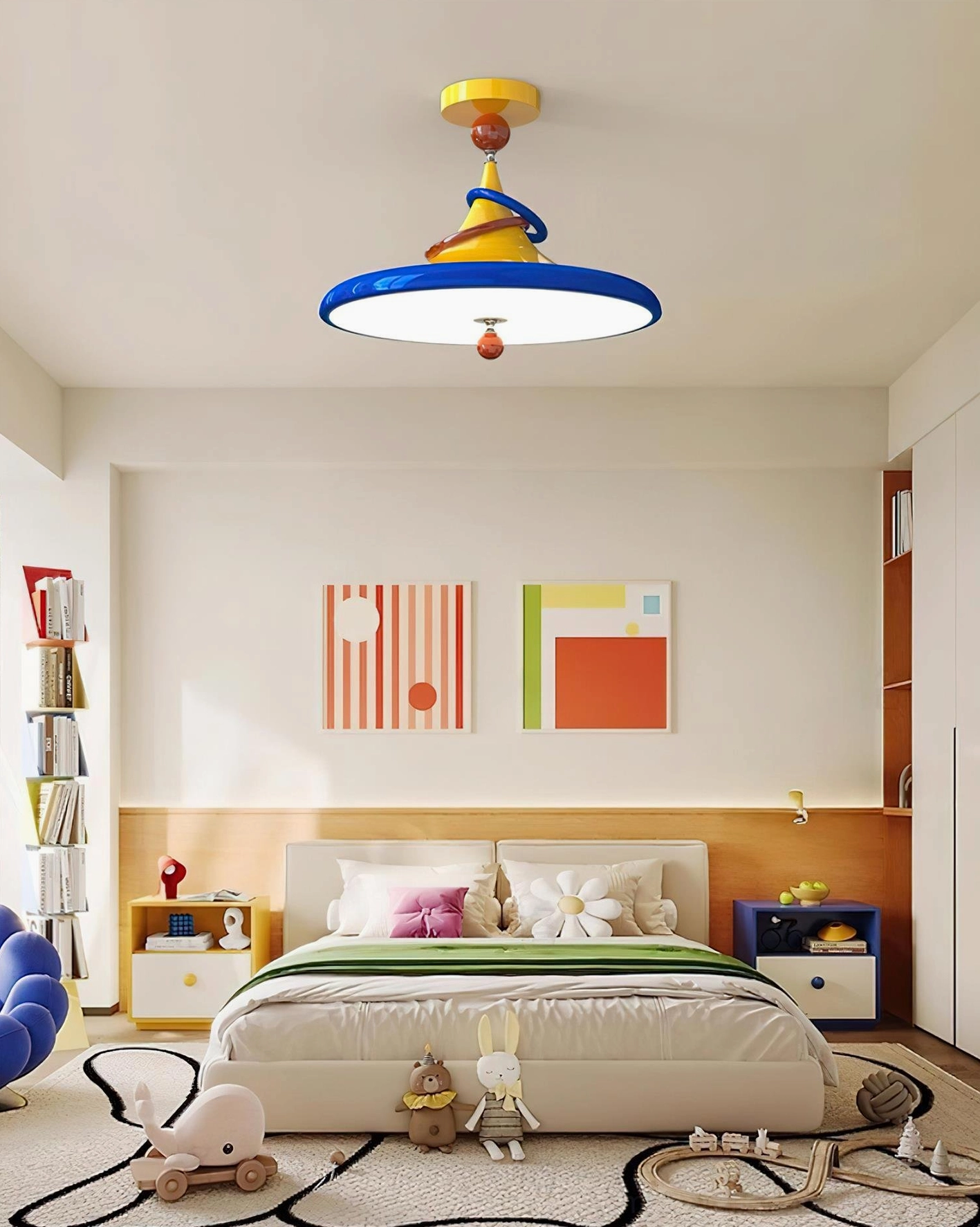Geometric Kivra ceiling light in colorful kids room - playful modern fixture above toys and decor