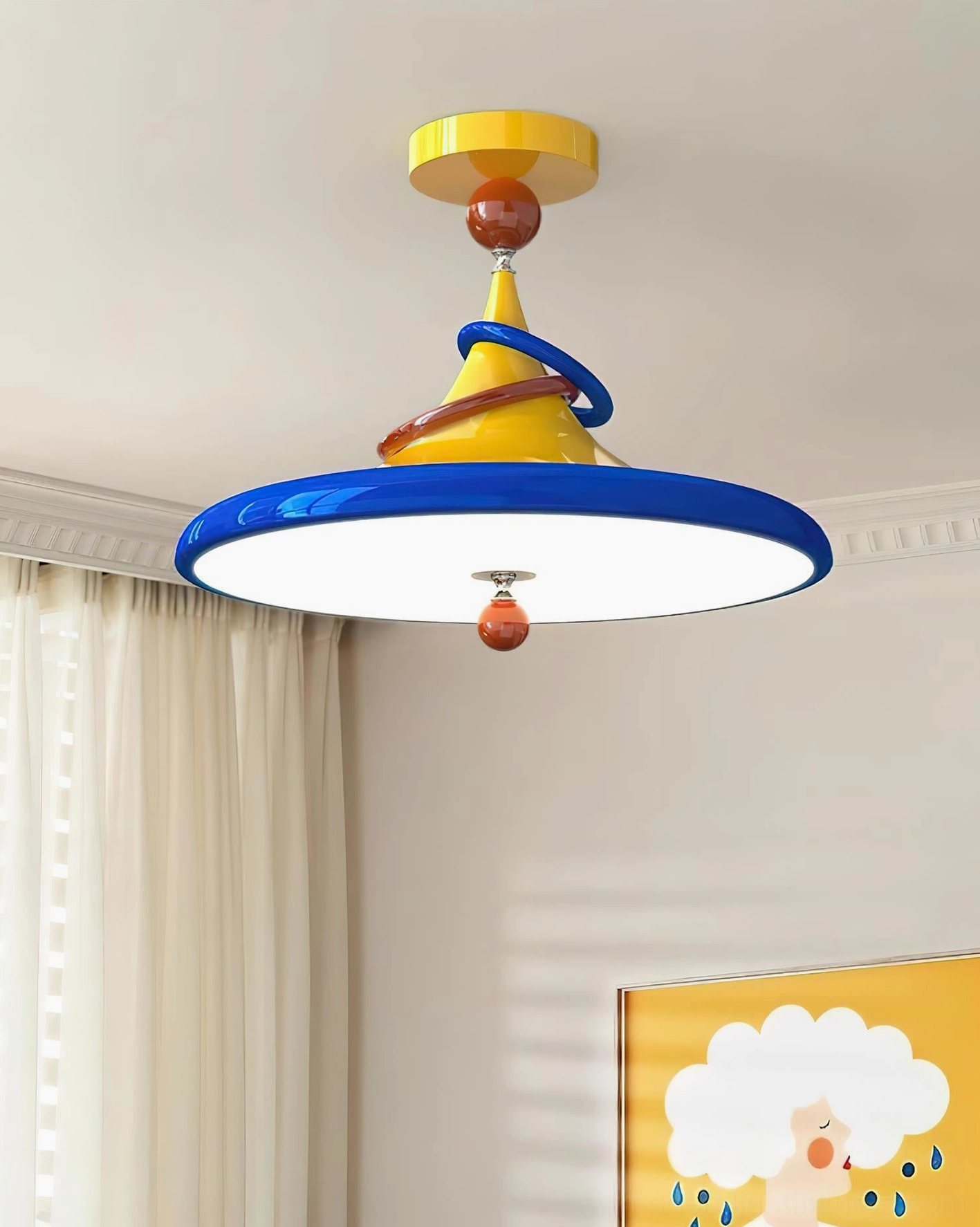 Kivra modern ceiling pendant light in bedroom with yellow blue beige color scheme - eye-level interior view