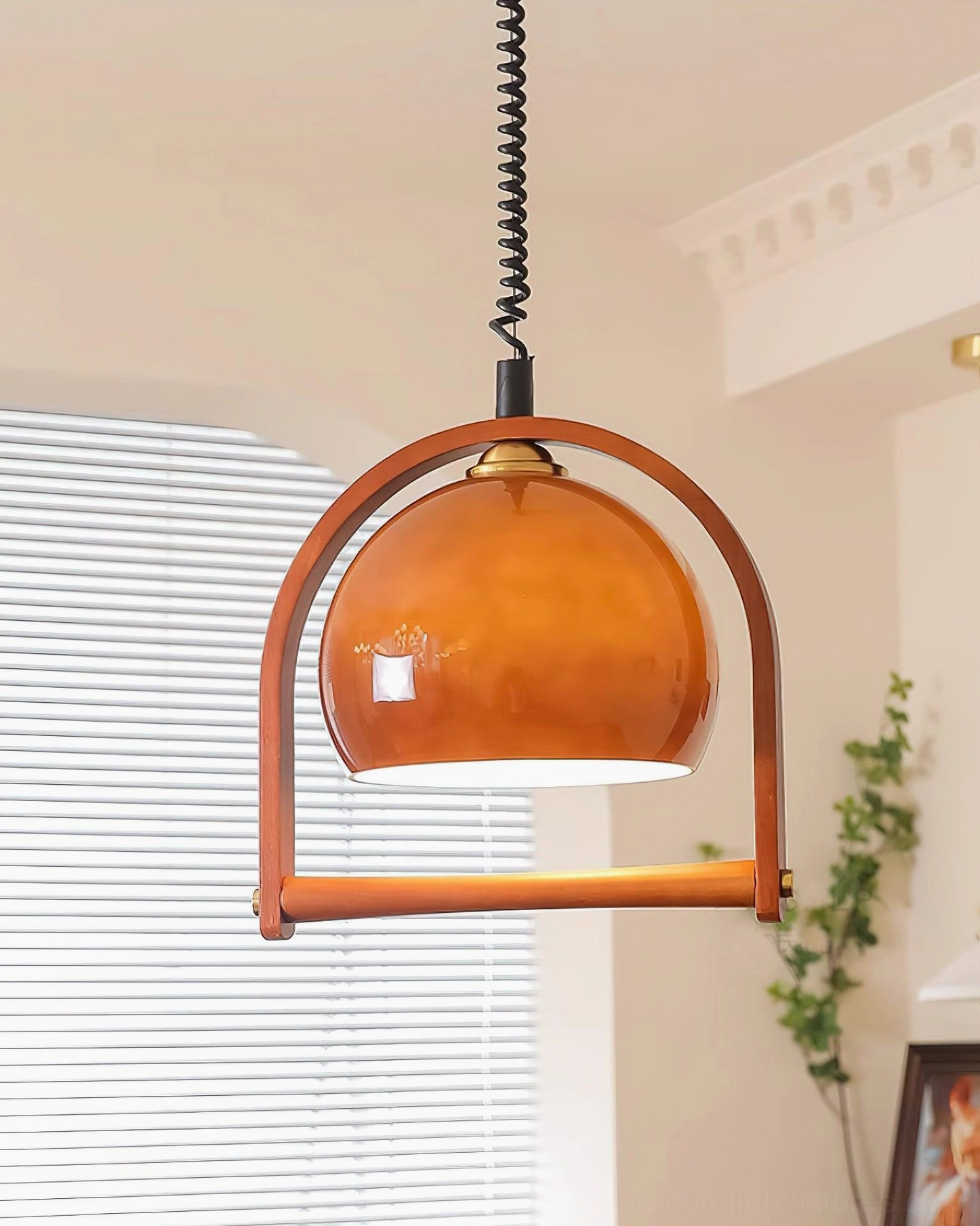 Kleine pendant lamp walnut color finish with semi-spherical glass shade lighting effect