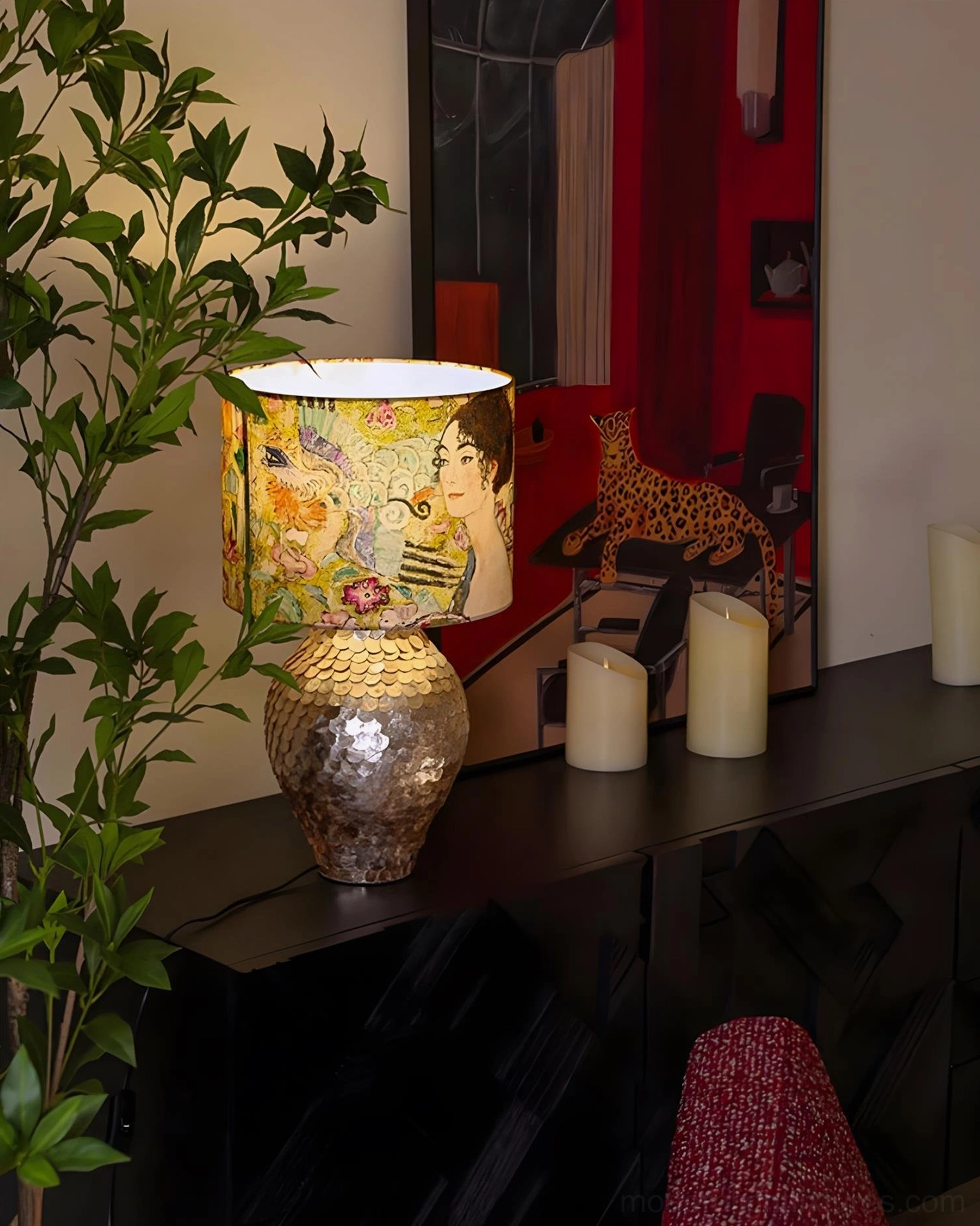 Klimora artistic table lamp detailed view showcasing hand-textured golden scales base and illustrated fabric shade craftsmanship