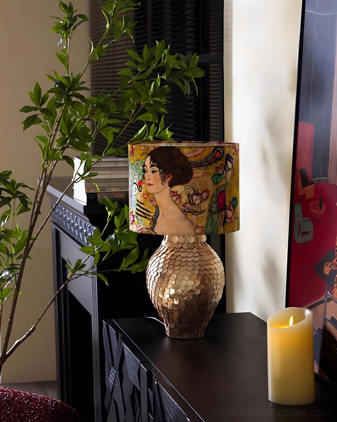 Klimora table lamp from side angle on home fireplace table with dark cabinet and window blinds in background
