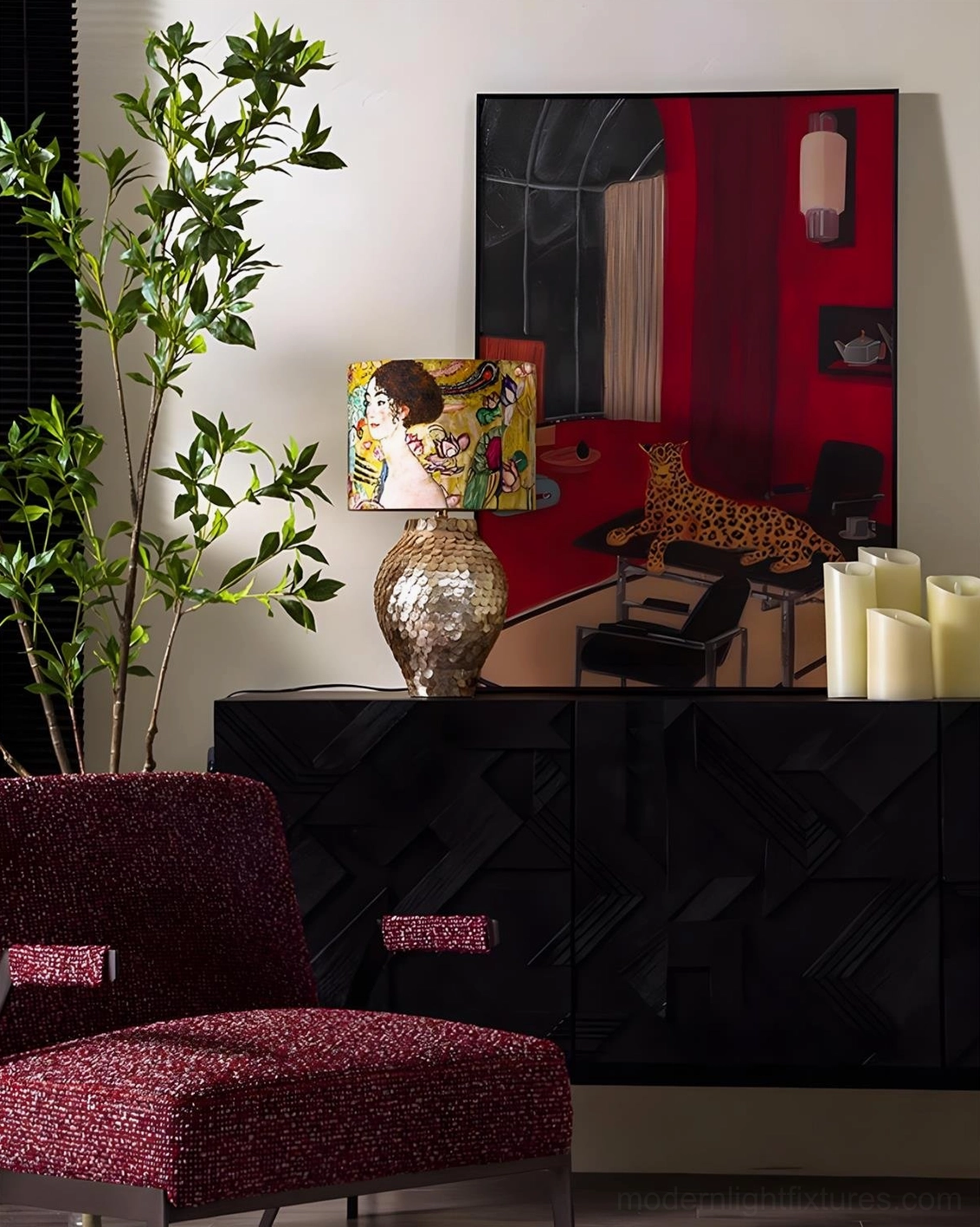 Klimora artistic table lamp on living room sideboard with red leopard wall art and dark geometric cabinet furniture
