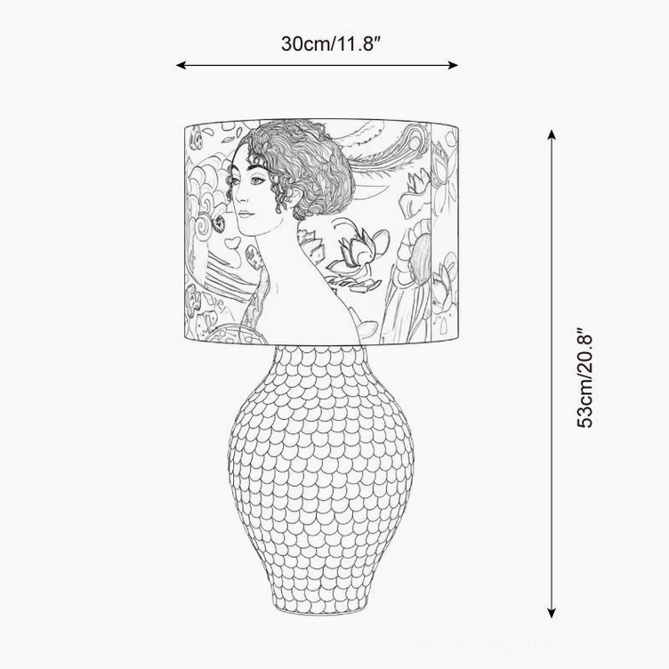 Klimora table lamp technical line drawing showing dimensions 30cm width and 53cm height with scaled base design