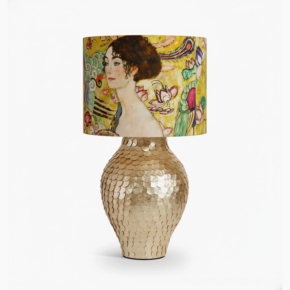 Klimora table lamp with gold and multicolor illustrated shade, complete front profile view for product listing
