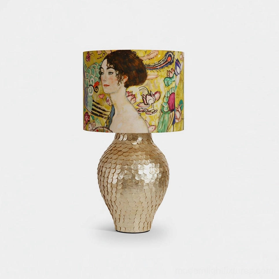 Klimora artistic table lamp with hand-textured golden scaled base and vintage portrait illustrated shade, studio product photography