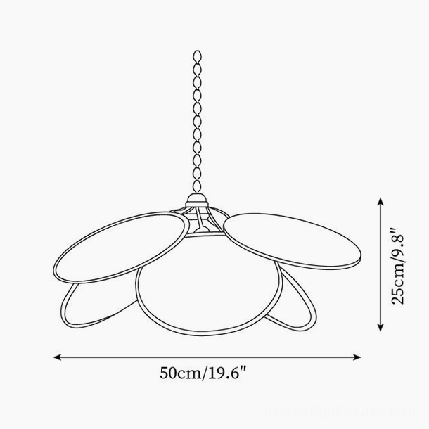 Technical dimensional drawing of Kloe rattan petal pendant lamp with measurements showing 50cm width and 25cm height