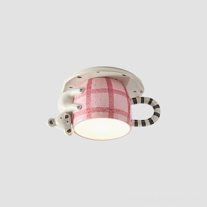 Pink koala gingham ceramic mug light fixture, recessed installation option