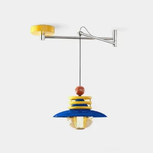 Kolora colorblock swing arm pendant light with blue, yellow, and terracotta geometric design on white background
