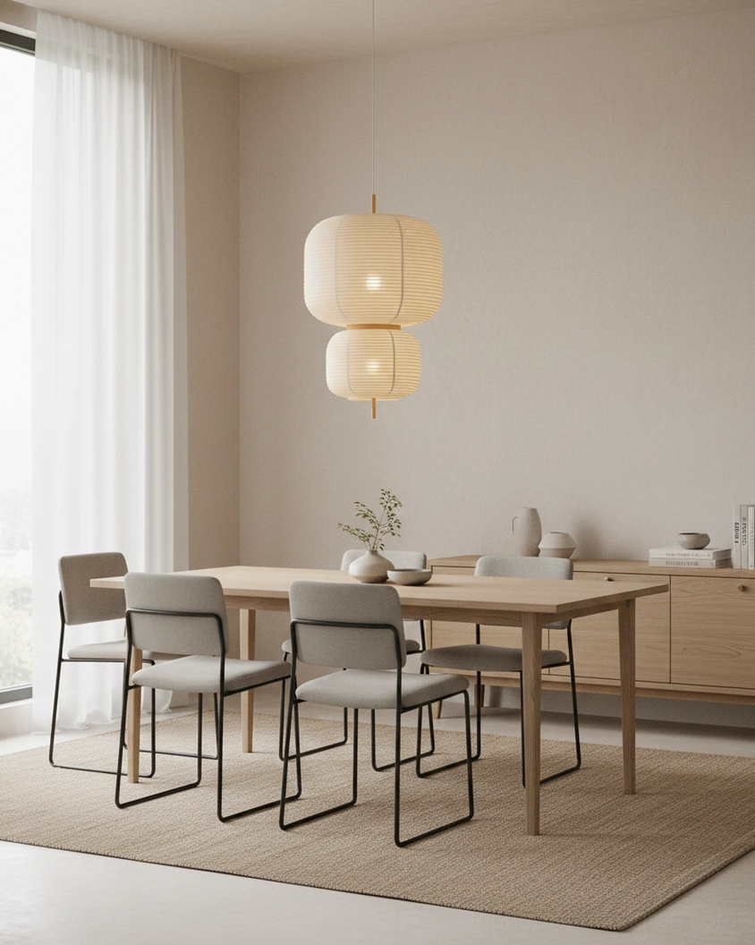 Two Komorebi rice paper pendant lights illuminated in contemporary dining room with warm neutral minimalist home styling