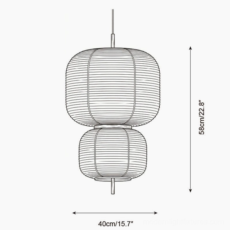 Komorebi large pendant light technical specification diagram showing 40cm diameter and 58cm height dimensions