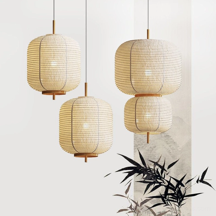 Assorted sizes of Komorebi japandi pendant lights on display with bamboo backdrop, showcasing small and large diameter options