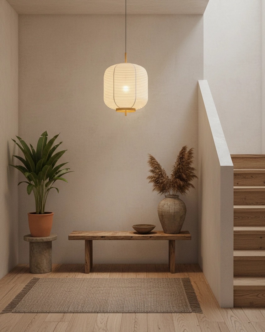 Single Komorebi pendant light in stairwell entryway corner creating calming wabi-sabi home atmosphere with soft illumination