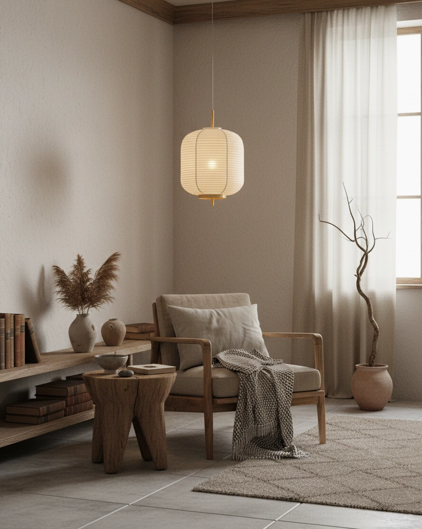Komorebi Japanese-inspired rice paper pendant light detail view showing fabric shade texture and wooden frame craftsmanship