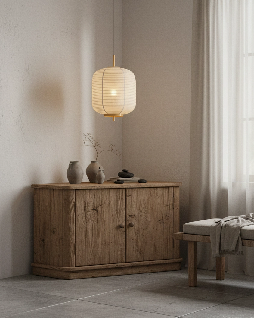 Komorebi japandi pendant light installation showing adjustable wire suspension and ceiling mounting compatibility