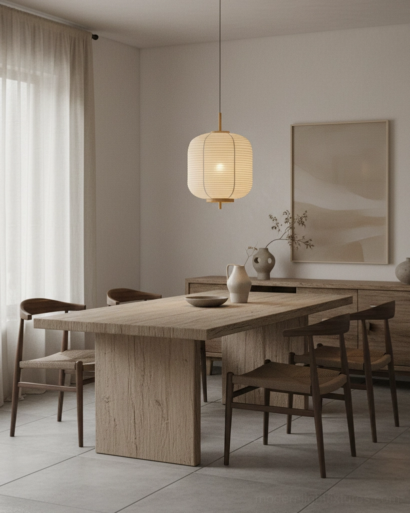 Single Komorebi rice paper pendant light installed in modern wooden dining room with neutral minimalist decor