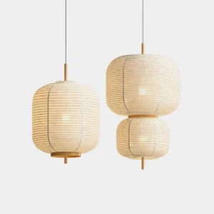 Komorebi Japanese rice paper pendant light with wooden frame, beige fabric shade, front studio view showing japandi design aesthetic